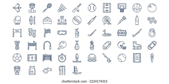 Collection of icons related to Sports and Games, including icons like Archery, Award, Badminton, Baseball and more. vector illustrations, Pixel Perfect set