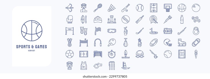 Collection of icons related to Sports and Games, including icons like Archery, Award, Badminton, Baseball and more