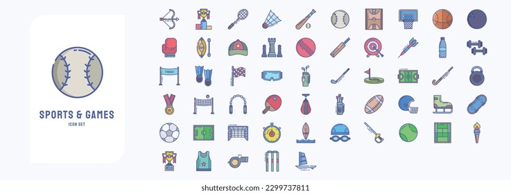 Collection of icons related to Sports and Games, including icons like Archery, Award, Badminton, Baseball and more