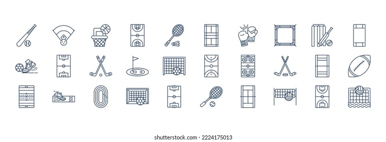 Collection of icons related to Stadiums and Games, including icons like Baseball Game, Basketball, Boxing, cricket and more. vector illustrations, Pixel Perfect set
