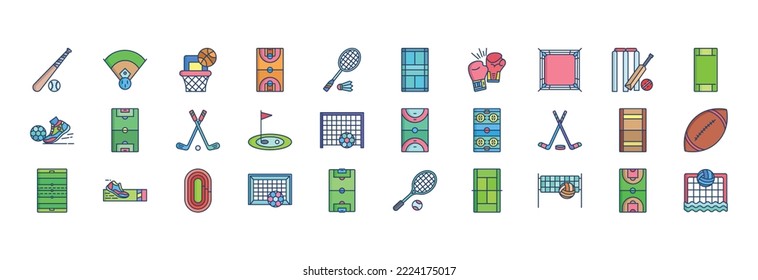 Collection of icons related to Stadiums and Games, including icons like Baseball Game, Basketball, Boxing, cricket and more. vector illustrations, Pixel Perfect set
