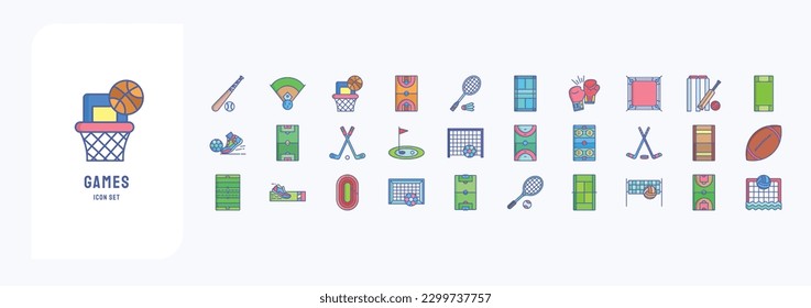 Collection of icons related to Stadiums and Games, including icons like Baseball Game, Basketball, Boxing, cricket and more