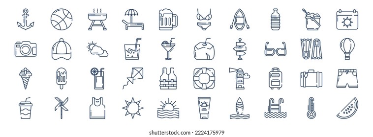 Collection of icons related to Summer and Holiday, including icons like Anchor, Ball, Bbq, Beach Chair and more. vector illustrations, Pixel Perfect set