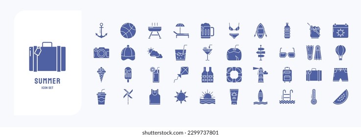 Collection of icons related to Summer and Holiday, including icons like Anchor, Ball, Bbq, Beach Chair and more