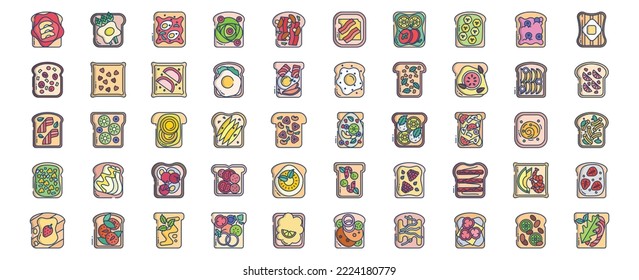 Collection of icons related to Toast topping, including icons like Bacon, Avocado, Butter, Mushroom,  and more. vector illustrations, Pixel Perfect set
