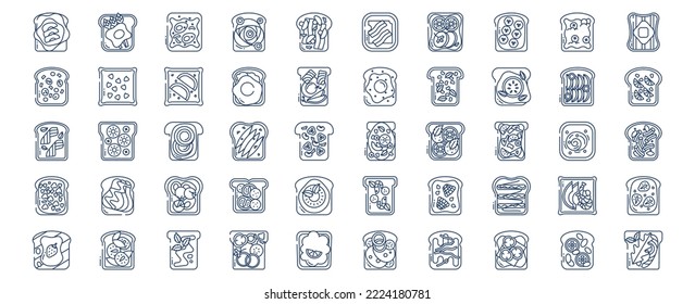 Collection of icons related to Toast topping, including icons like Bacon, Avocado, Butter, Mushroom,  and more. vector illustrations, Pixel Perfect set
