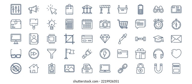 
Colección de iconos relacionados con Ui e Interface esenciales, incluyendo íconos como Anuncio, Carro, Cámara, Reloj y más. ilustraciones vectoriales, conjunto Pixel Perfect