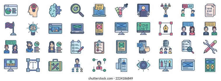 Collection of icons related to UX UI, including icons like Analytics, brainstorming, Coding, Feedback, Innovation and more. vector illustrations, Pixel Perfect set
