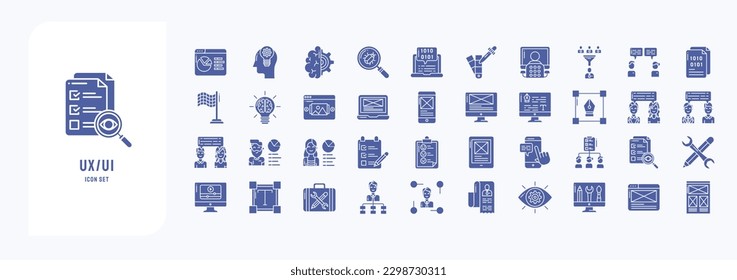 Collection of icons related to UX UI, including icons like Analytics, brainstorming, Coding, Feedback, Innovation and more