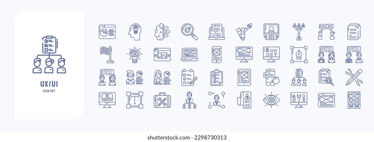 Collection of icons related to UX UI, including icons like Analytics, brainstorming, Coding, Feedback, Innovation and more