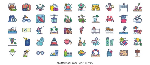 Collection of icons related to Vacation and Travel, including icons like backpack, Trip, holiday, vacation and more. vector illustrations, Pixel Perfect set
