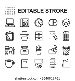 Collection of icons related to various objects in the office. Thin line style vectors. Contains icons such as laptop, work desk, trash can and more.