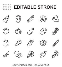 Collection of icons related to vegetables. Contains icons such as mushrooms, tomatoes, spinach and many more. Illustration in line style.