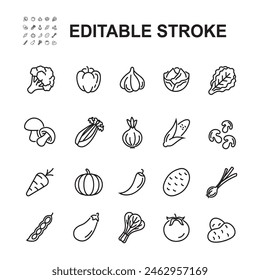 Collection of icons related to vegetables and herbs. Contains icons such as mushrooms, tomatoes and many more. Illustration in line style.