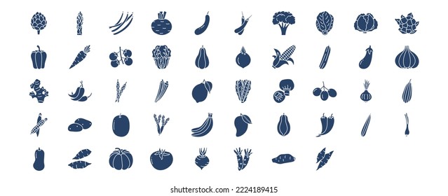 Sammlung von Symbolen im Zusammenhang mit Gemüse, einschließlich Symbolen wie Artichoke, Spargel, Bohnen, Rüben und mehr. Vektorgrafiken, Pixel Perfect Set