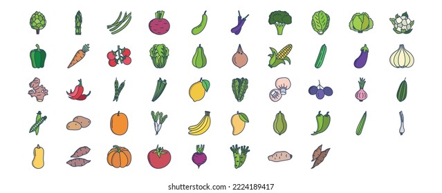 Collection of icons related to Vegetables, including icons like Artichoke, Asparagus, Beans, Beetroot and more. vector illustrations, Pixel Perfect set