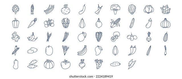 Collection of icons related to Vegetables, including icons like Artichoke, Asparagus, Beans, Beetroot and more. vector illustrations, Pixel Perfect set