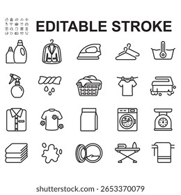 Collection of icons related to washing clothes. Vector line style. Contains icons such as washing machine, clean clothes, detergent and many more.