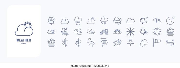 Collection of icons related to weather forecast, including icons like Thunder, Rain, Wind, Temperature and more