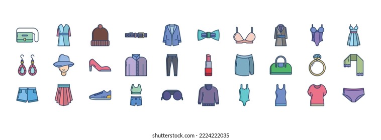 Collection of icons related to Woman Fashion, including icons like Bag, Beanie, Belt, Blazer and more. vector illustrations, Pixel Perfect set
