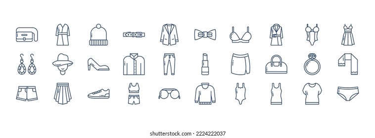 Collection of icons related to Woman Fashion, including icons like Bag, Beanie, Belt, Blazer and more. vector illustrations, Pixel Perfect set