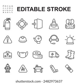 Collection of icons related to work safety and first aid for work accidents in line style.