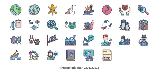 Collection of icons related to Zoology, including icons like Animal cell, Animal, Birds, Ichthyology and more. vector illustrations, Pixel Perfect set
