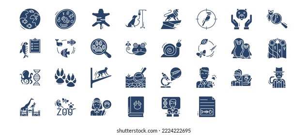 Collection of icons related to Zoology, including icons like Animal cell, Animal, Birds, Ichthyology and more. vector illustrations, Pixel Perfect set
