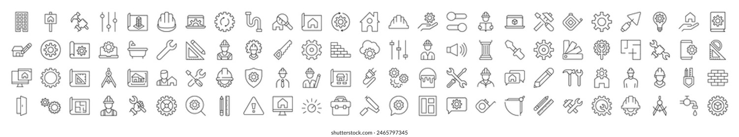 Colección de Iconos de Reparación, Renovación, Edificio, Construcción. Adecuado para libros, tiendas, tiendas. Trazo editable en estilo de contorno minimalista. Símbolo de diseño 