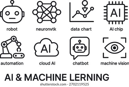 Sammlung von Symbolen für KI und maschinelles Lernen, einschließlich Robotern, neuronalen Netzwerken, Datendiagrammen und Cloud-KI.