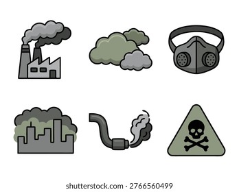 Collection of icons representing air pollution and its effects on the environment and health.