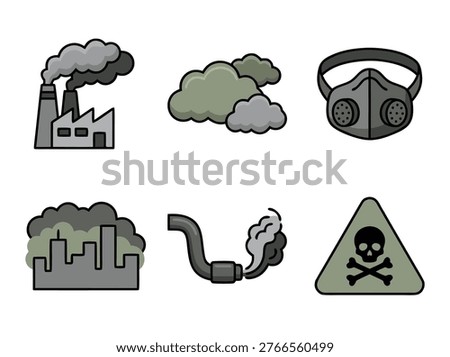 Collection of icons representing air pollution and its effects on the environment and health.
