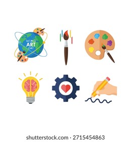 Una colección de iconos que representan el arte, la creatividad y la inspiración, incluyendo un globo terráqueo, un pincel, una paleta, una bombilla, un engranaje y un dibujo a mano.