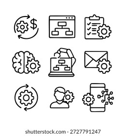 Colección de iconos que representan la automatización, la gestión de procesos, los negocios, la tecnología y la inteligencia artificial.