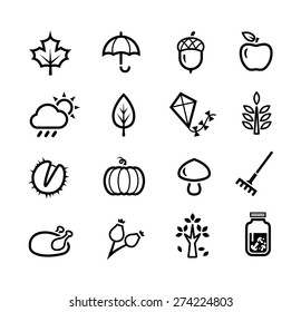 Collection of icons representing autumn season and autumn activities.