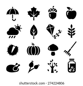 Collection of icons representing autumn season and autumn activities.