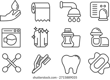 Collection of icons representing bathroom items isolated on transparent background