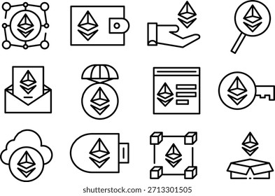 Colección de íconos que representan conceptos de criptomonedas y tecnología de blockchain aislados en fondo transparente