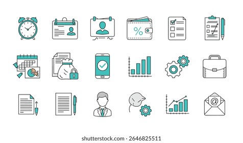 Collection of Icons Representing Business Finance and Management Concepts with a Modern Aesthetic