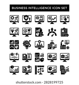Collection of icons representing business intelligence analytics and data visualization concepts