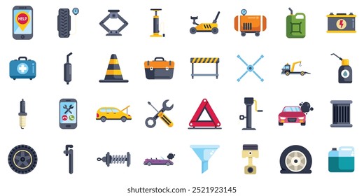Coleção de ícones que representam a manutenção de carros, reparos e assistência na estrada, mostrando ferramentas e serviços essenciais