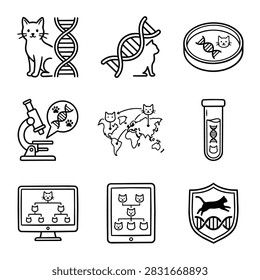 Collection of icons representing cat DNA research genetic science and biotechnology concepts