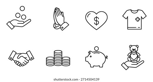 Eine Sammlung von Symbolen für wohltätige Spenden, darunter Geldspenden, Gebete, finanzielle Unterstützung, Kleidungsspenden, Partnerschaften, Ersparnisse und Spielzeugspenden.