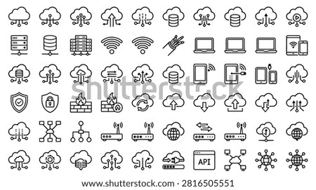 A collection of icons representing cloud computing, network infrastructure, and data security. Includes servers, databases, Wi-Fi signals, firewalls, and various cloud-related symbols.