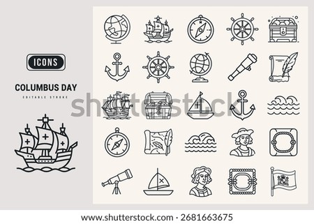 Collection of Icons Representing Columbus Day Exploration and Discovery Themes White Background.