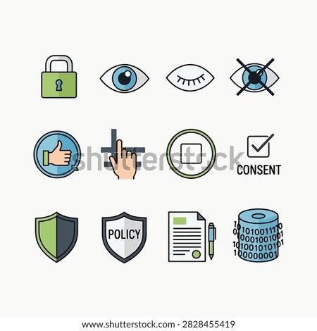 Collection of icons representing consent security policy data privacy and compliance