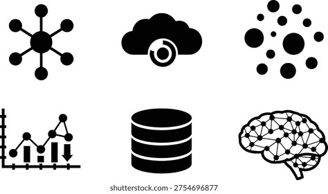 A collection of icons representing data science, AI, and machine learning concepts, including networks, cloud computing, data storage, and brain functions.