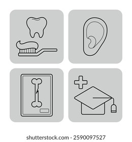 Collection of icons representing dental health with toothbrush and tooth, ear care tools, X-ray of bone, and graduation cap symbolizing health education