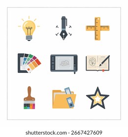 Coleção de ícones representando ferramentas de design e elementos criativos, ilustrando conceitos de arte e design.