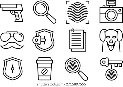Collection of icons representing detective tools isolated on transparent background
